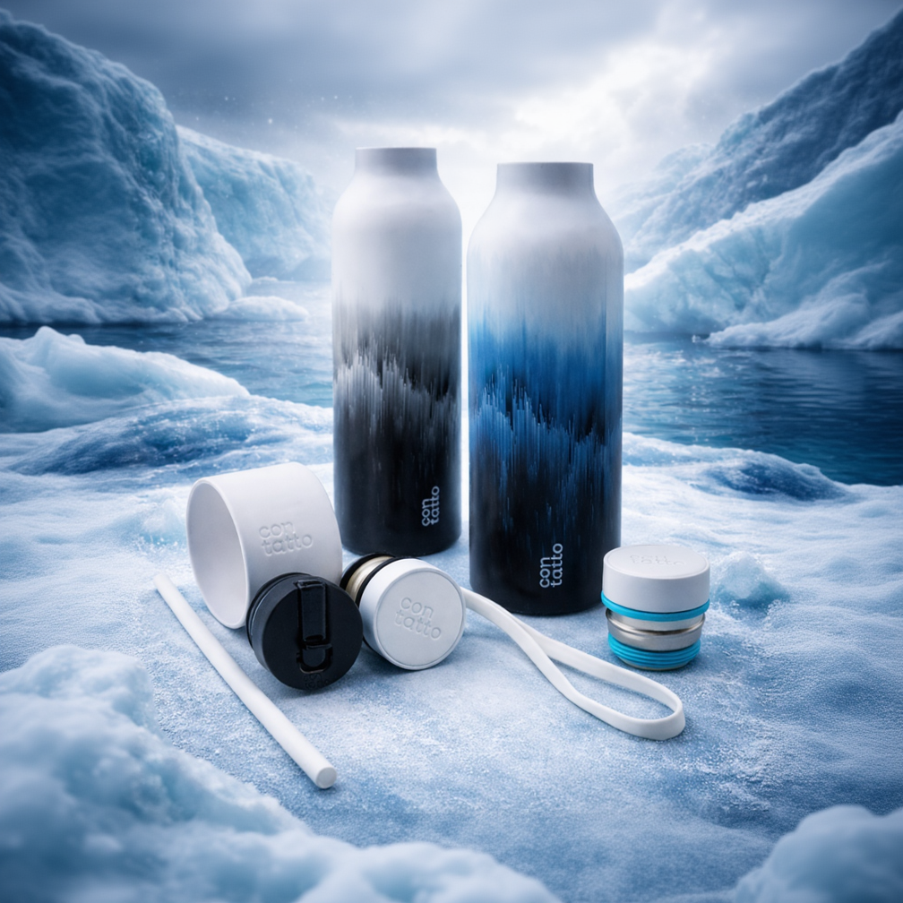 Set of water bottles and accessories on a snowy landscape. Designed by GOTSENT