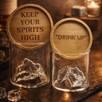 Unique whiskey glasses with personalised bamboo coasters by GOTSENT