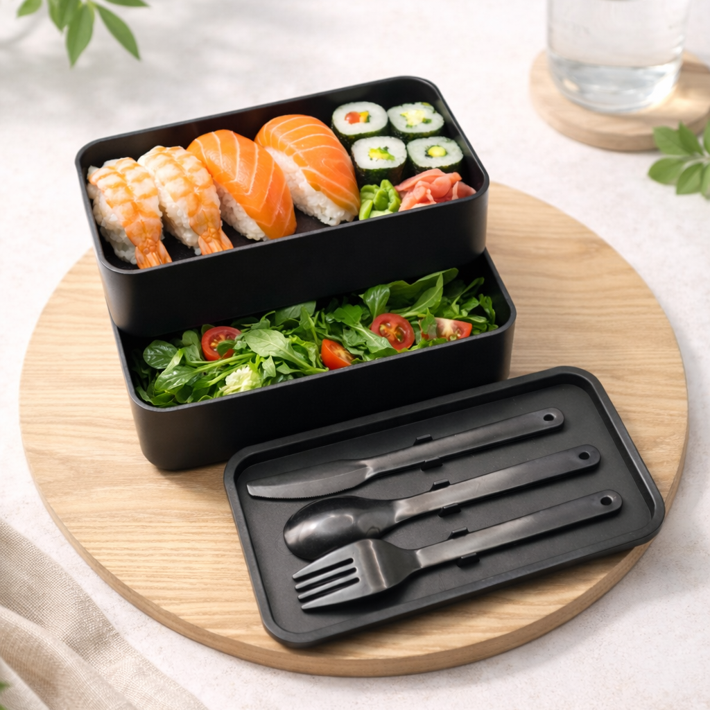 Black food container box set with sushi and salad. Image by GOTSENT.