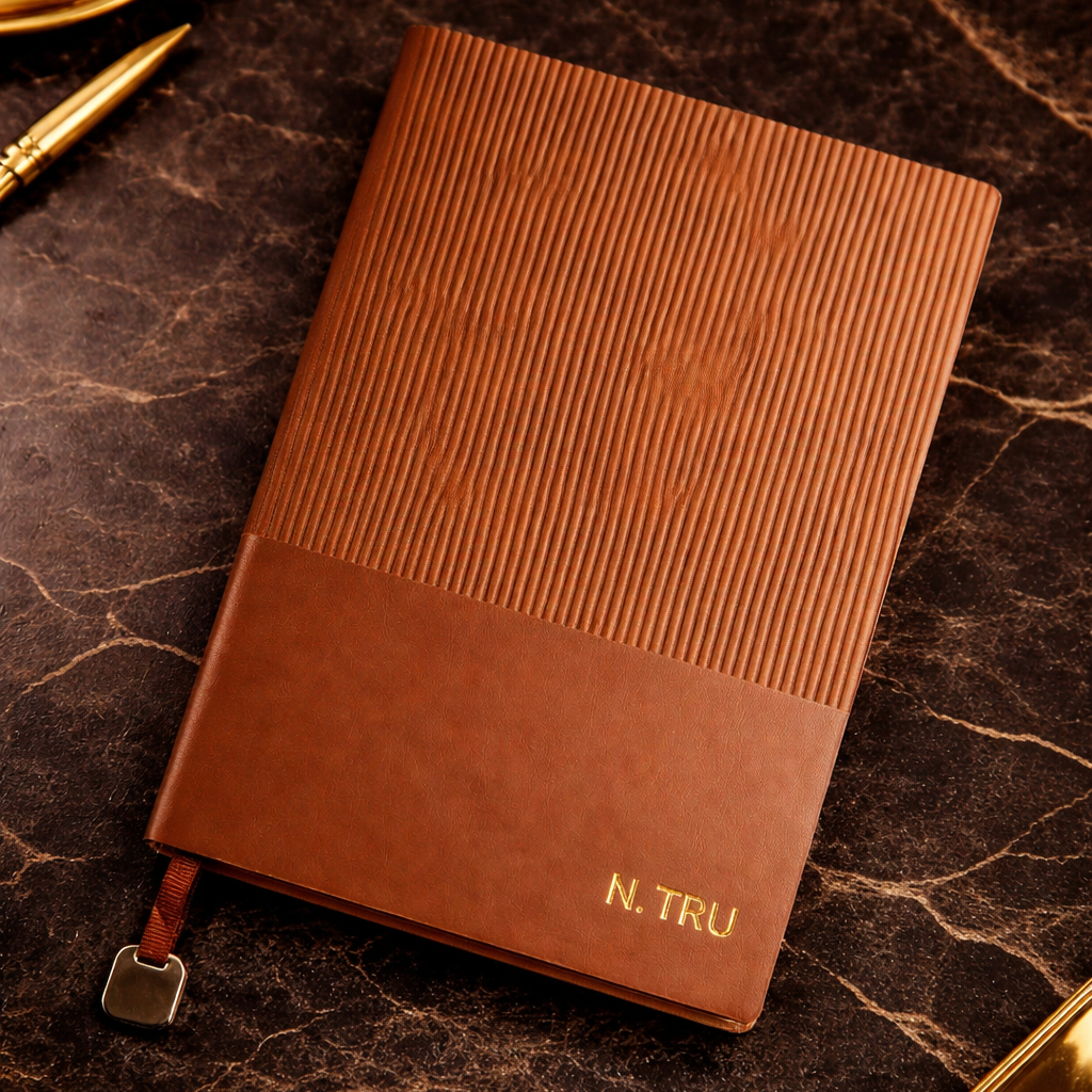 Brown leather notebook with textured cover and gold foil name personalisation.