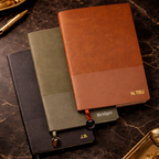 Foil name personalised A5 soft leather journals. Black, olive green and brown soft leather A5 journals and planners.