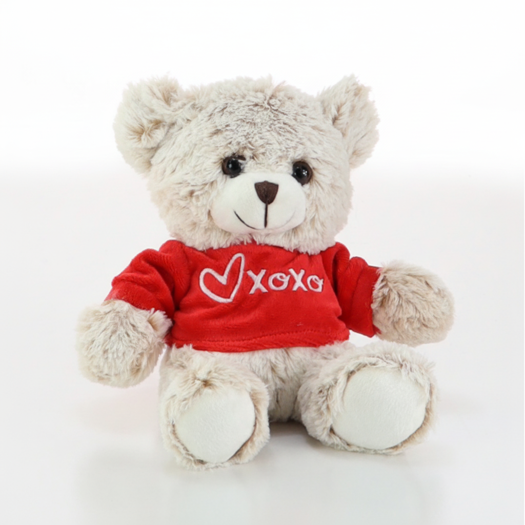 Plush teddy bear wearing a red shirt with 'XOXO' on a white background