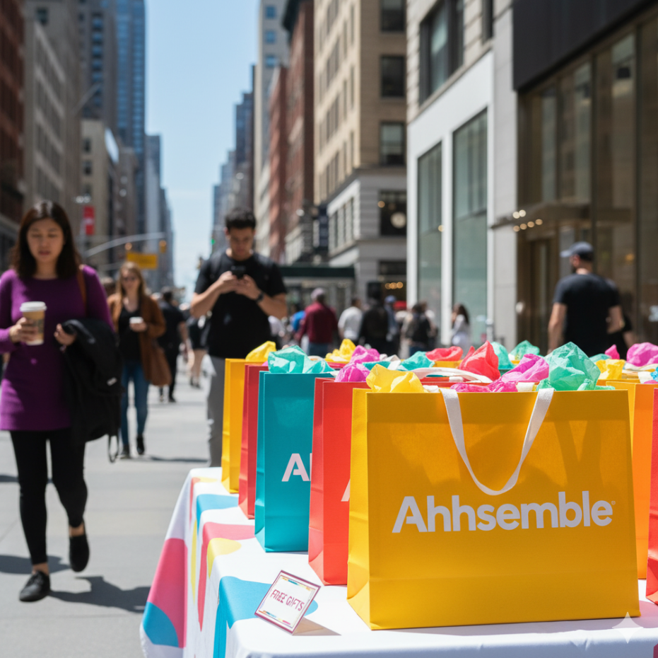 Colorful shopping bags with 'Ahhsemble' branding on a city street.