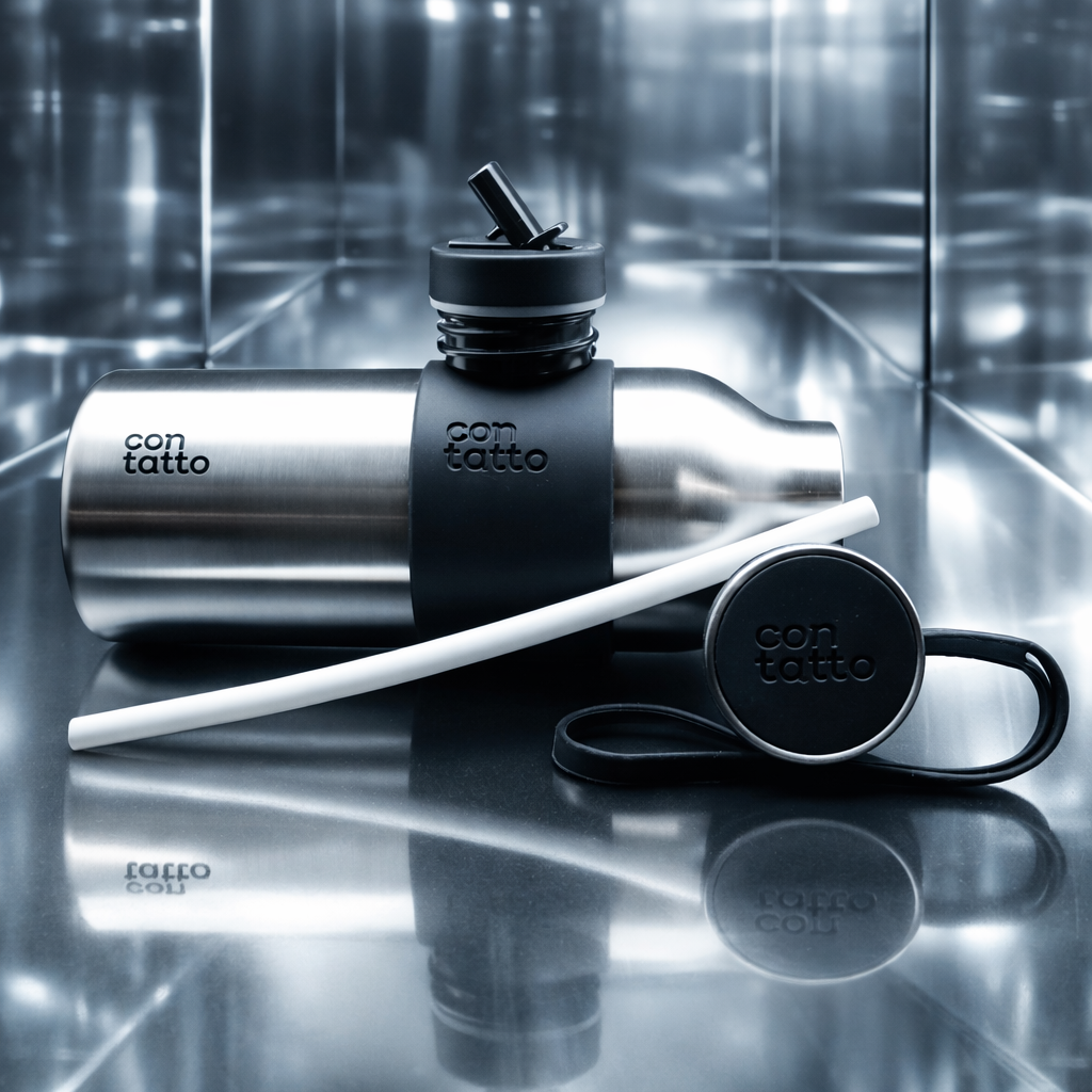 Silver and black contatto tumbler with straw on a reflective surface. Personalised water stainless steel bottle.
