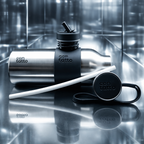 Silver and black contatto tumbler with straw on a reflective surface. Personalised water stainless steel bottle.