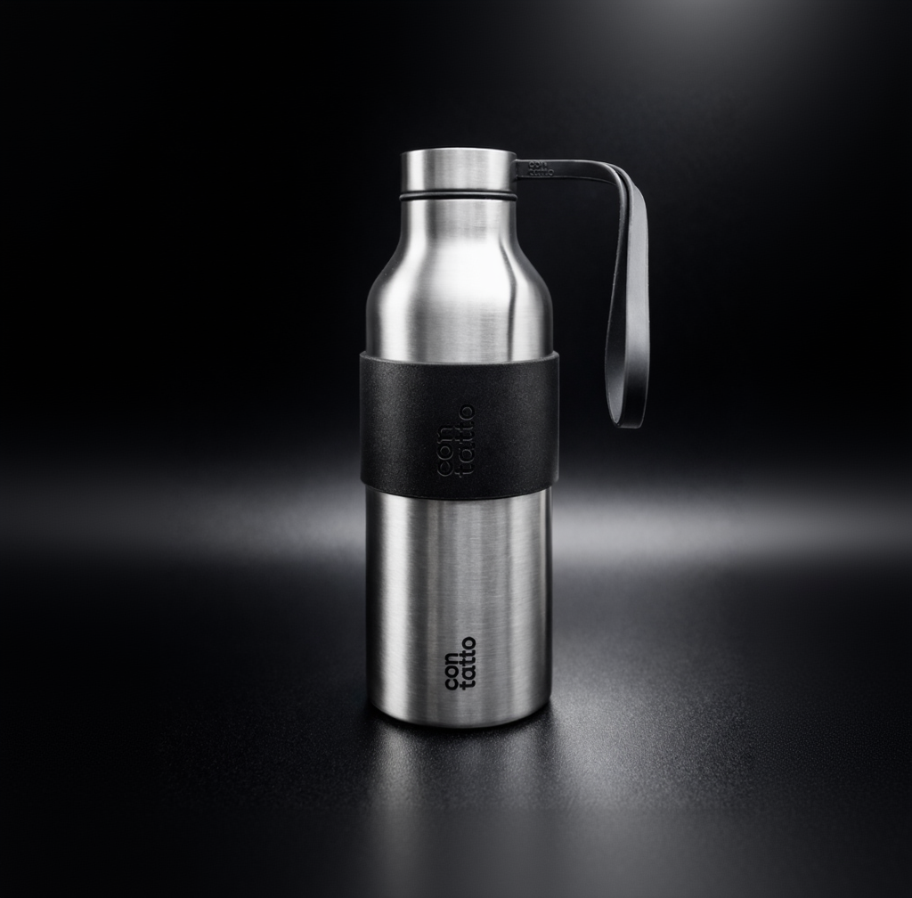 Stainless steel water bottle with silicone black sleeve on a dark background.