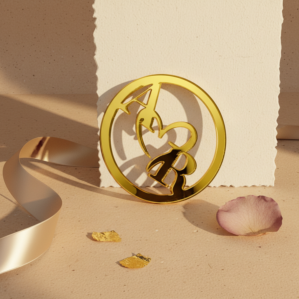 Gold decorative item with 'A love R' initials on a beige surface with petals