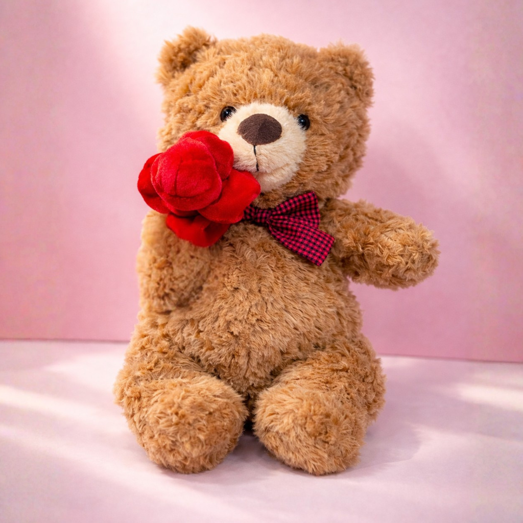Teddy bear holding a red rose against a pink background