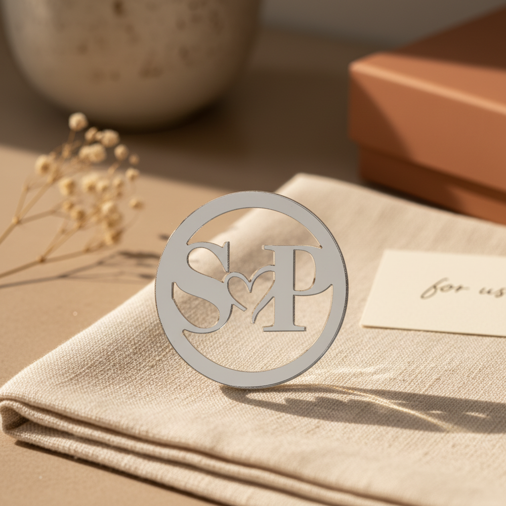 Silver monogrammed decorative piece on a beige fabric surface with a blurred background