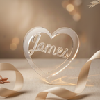 Transparent acrylic Heart-shaped decorative piece with 'James' engraved, on a soft beige background