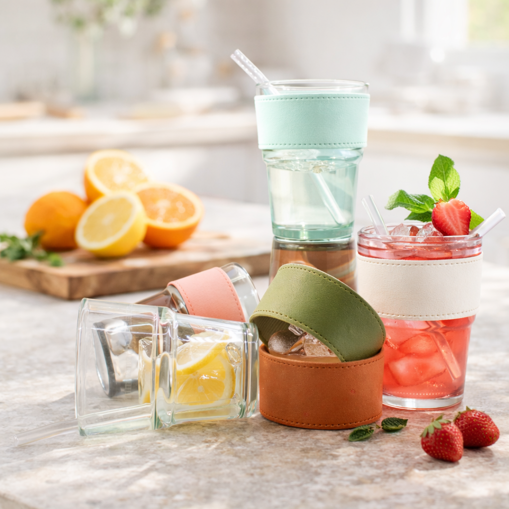 unique sippy glass with leather sleeve